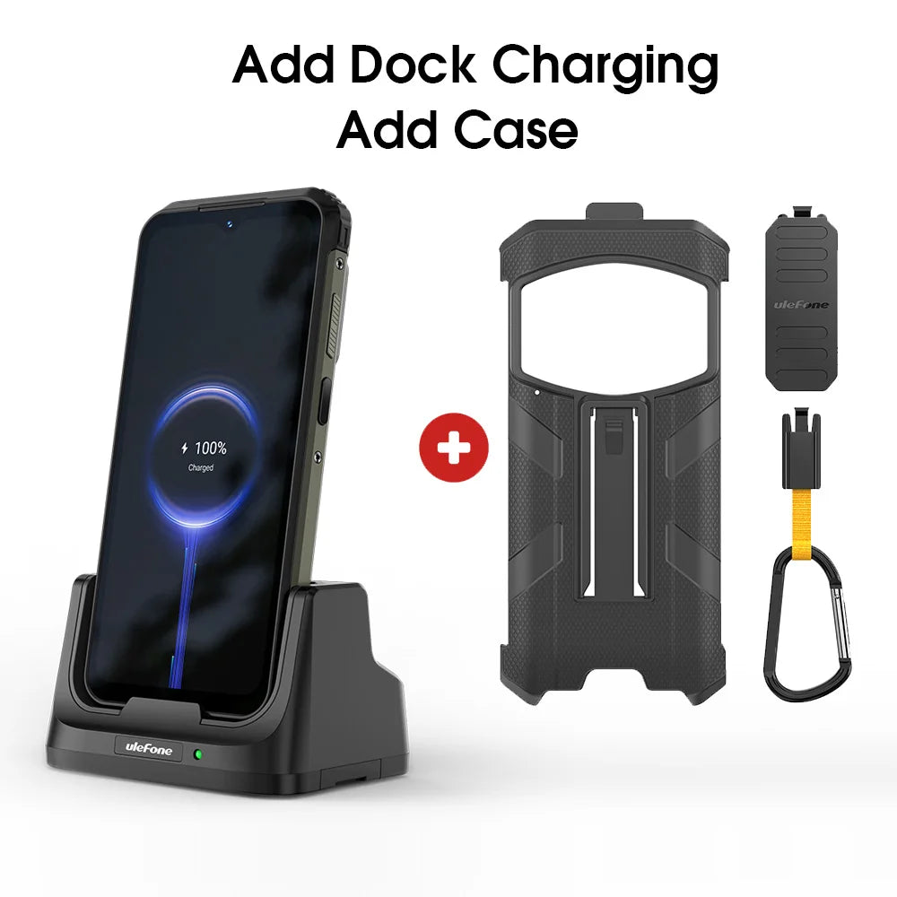 Ulefone Armor 21 rugged smartphone charging on dock with protective case, kickstand, and carabiner clip accessories.