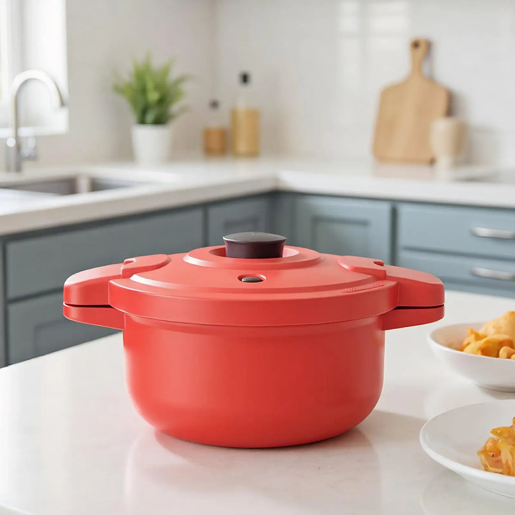 Red microwave pressure cooker pot with lid closed on kitchen counter.
