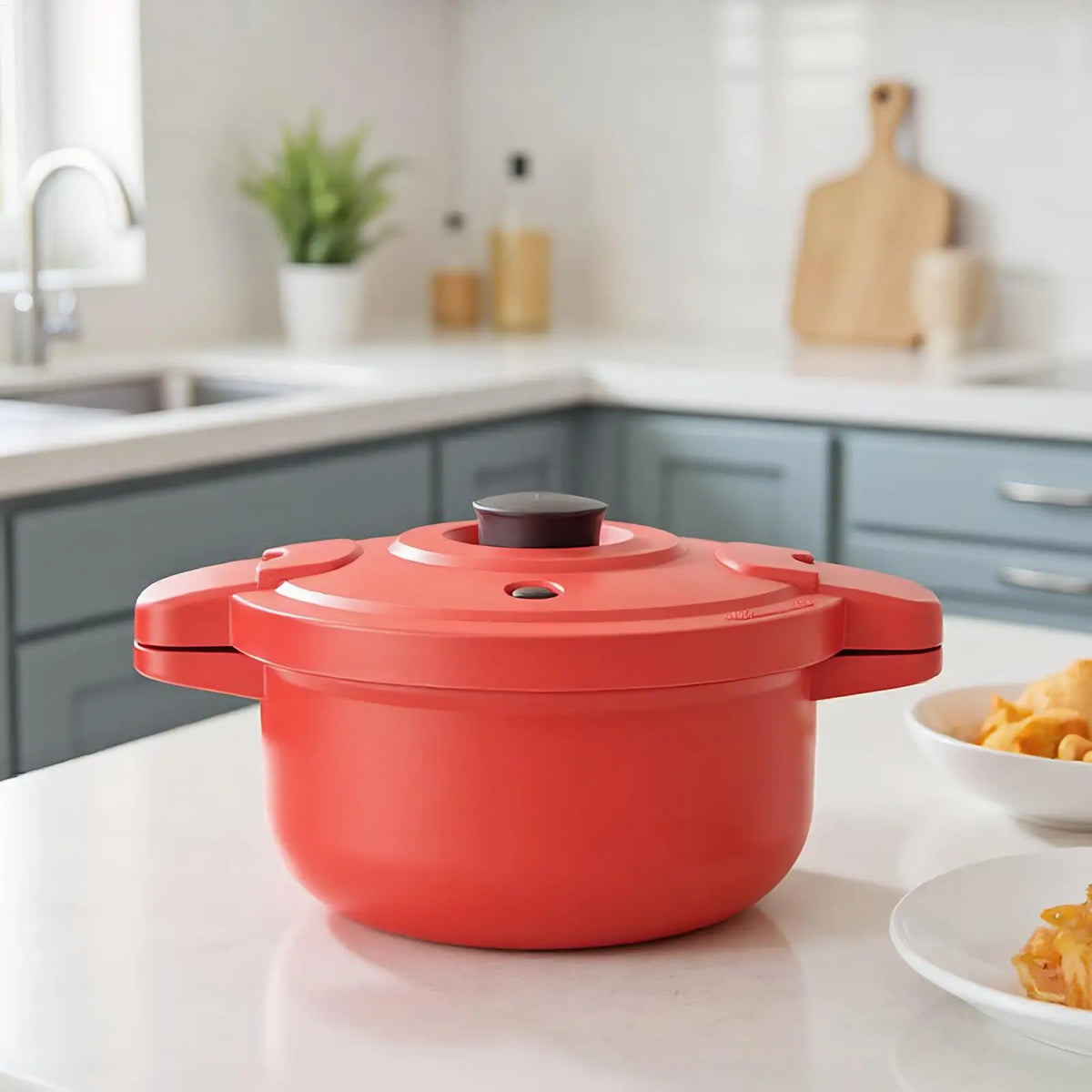 Red microwave pressure cooker pot with lid closed on kitchen counter.
