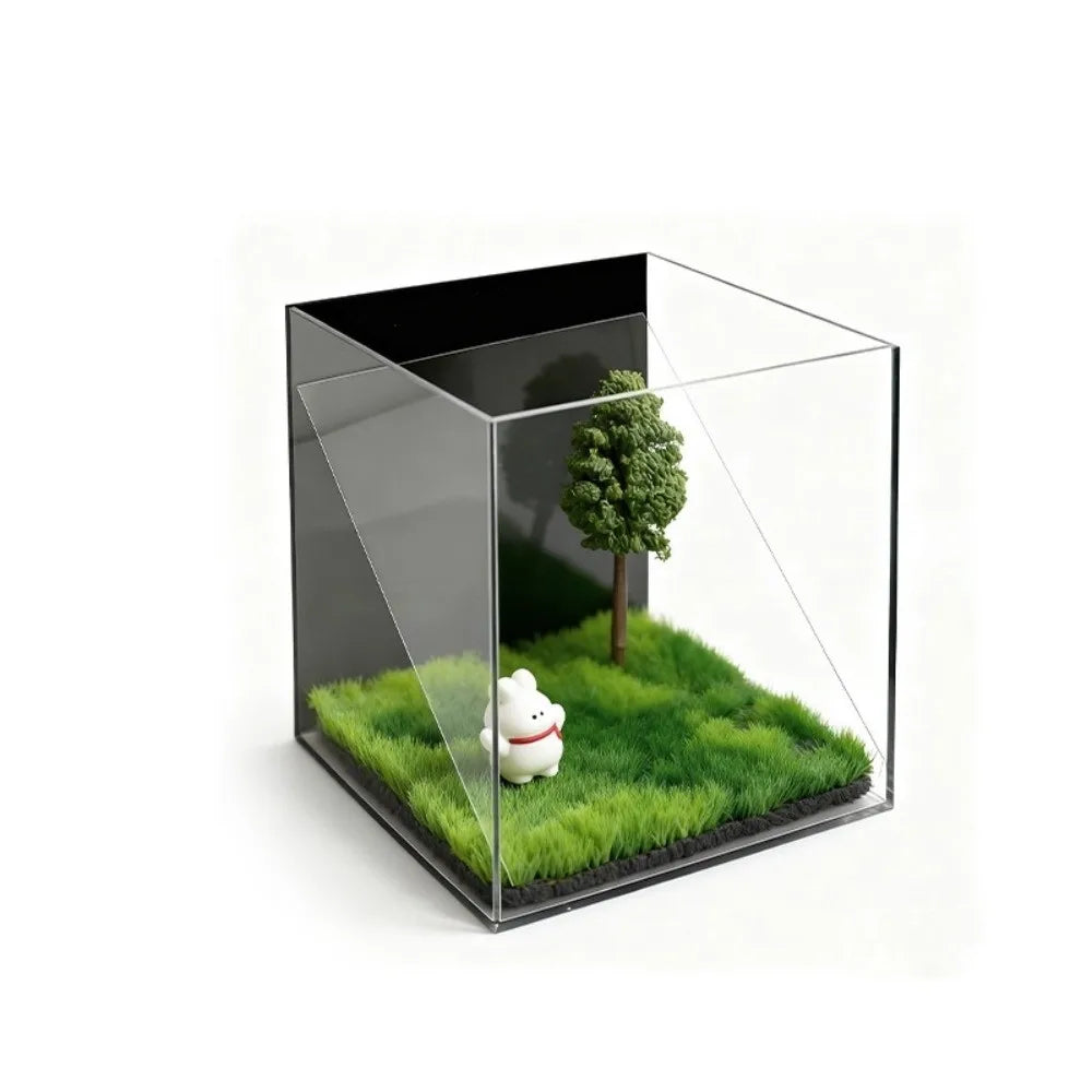Clear acrylic 3D pet projection house with grassy base and tree for displaying pet holographic souvenir figures.