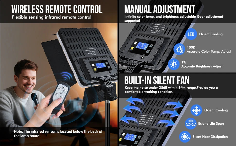 Black rectangular LED video light panel with remote, LCD screen, and cooling fan for adjustable studio lighting.