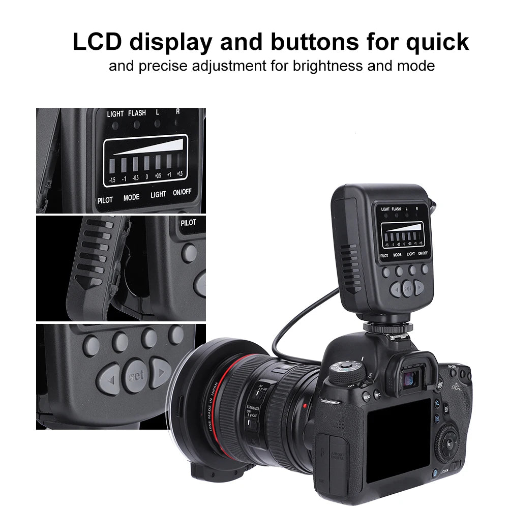 Black camera macro ring flash with LCD display and control buttons mounted on a DSLR camera lens.