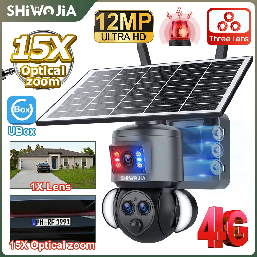 Solar security camera with dual lenses, PTZ-style housing and mounted solar panel