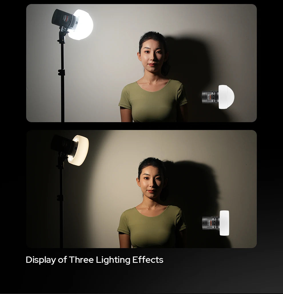 A portable LED studio light with a hemispherical diffuser, mounted on a stand to illuminate a person for portraiture.