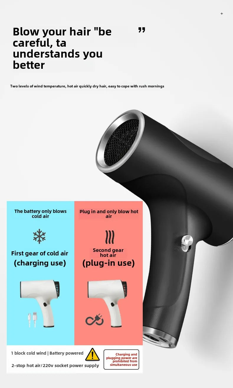 Black portable wireless hair dryer with 2-speed settings, cold air battery mode, and hot air plug-in design.