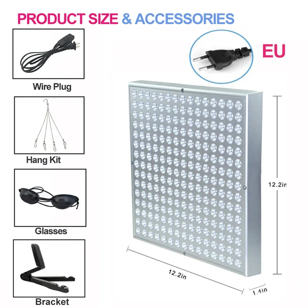 225-LED UV tanning lamp panel with EU plug, adjustable stand, hanging kit, and protective glasses for home skincare.