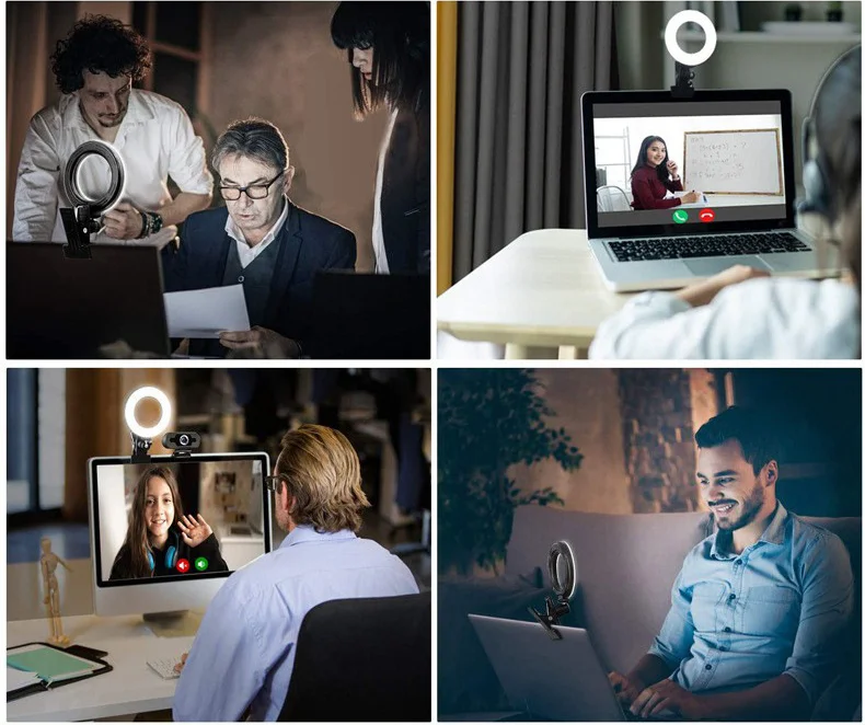 Small circular LED ring light with a black clip, mounted on laptops and monitors to illuminate video calls.