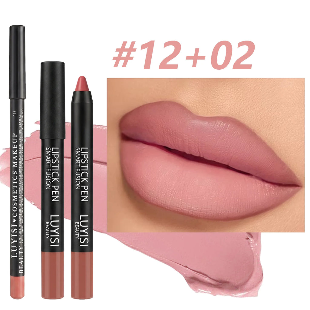 2pcs velvety matte lip set with dusty pink lipstick pencil and matching lip liner for a long-lasting, waterproof look.