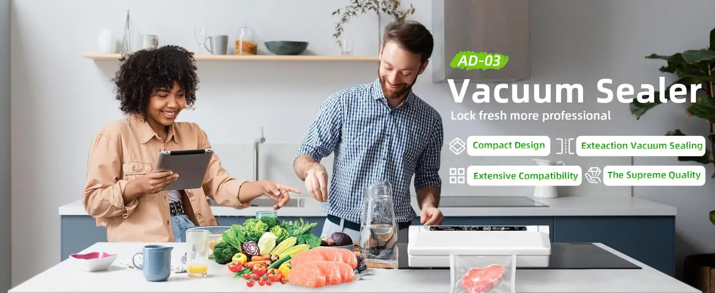 Vacuum Sealer with Bags, Fully Automatic Dry & Wet Food Sealer, One-Click Operation, Strong Suction, Digital Display