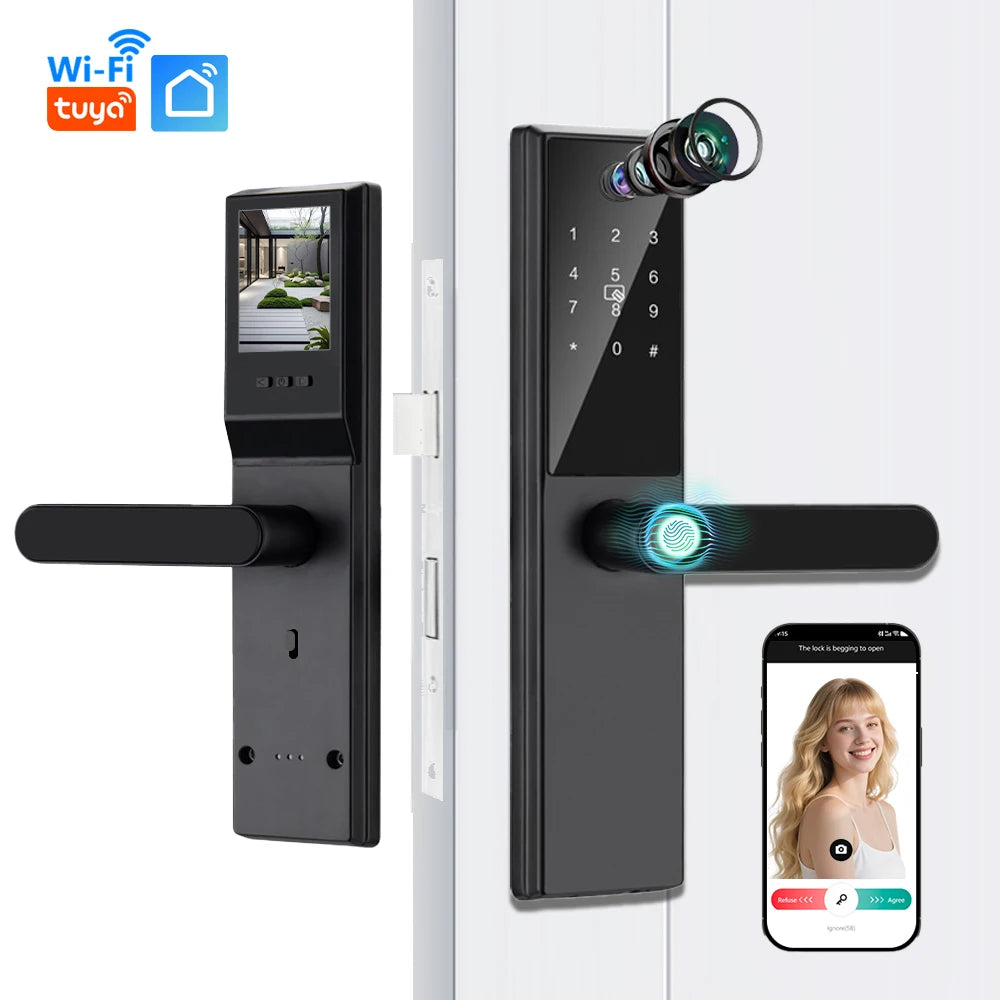 2025 New Tuya WiFi Digital Electronic Smart Wooden Door Lock With Biometric Camera Fingerprint Smart Home Remote Unlock