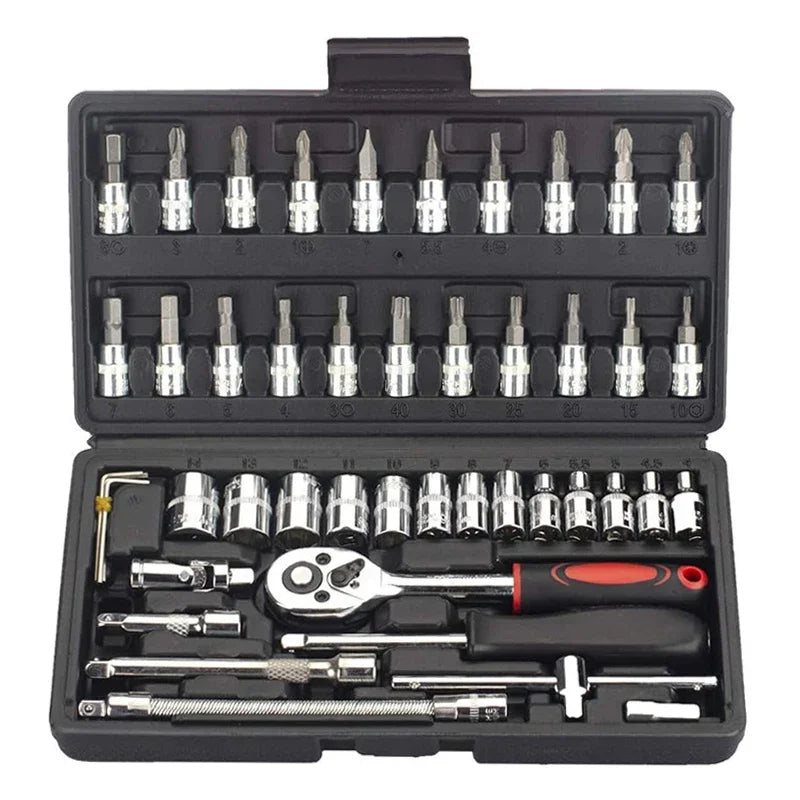 For Hous Auto Repair 46pc Drive Socket Set 1/4 inch Ratchet Wrench Set with Sockets Metric Hex Bit Socket Set Mechanic Tool Kits