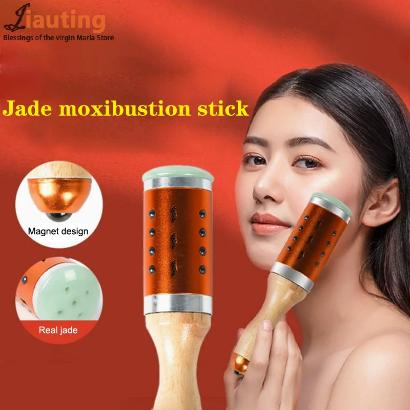 Woman using a portable jade moxibustion stick for facial massage with hot compress and magnetic therapy design.