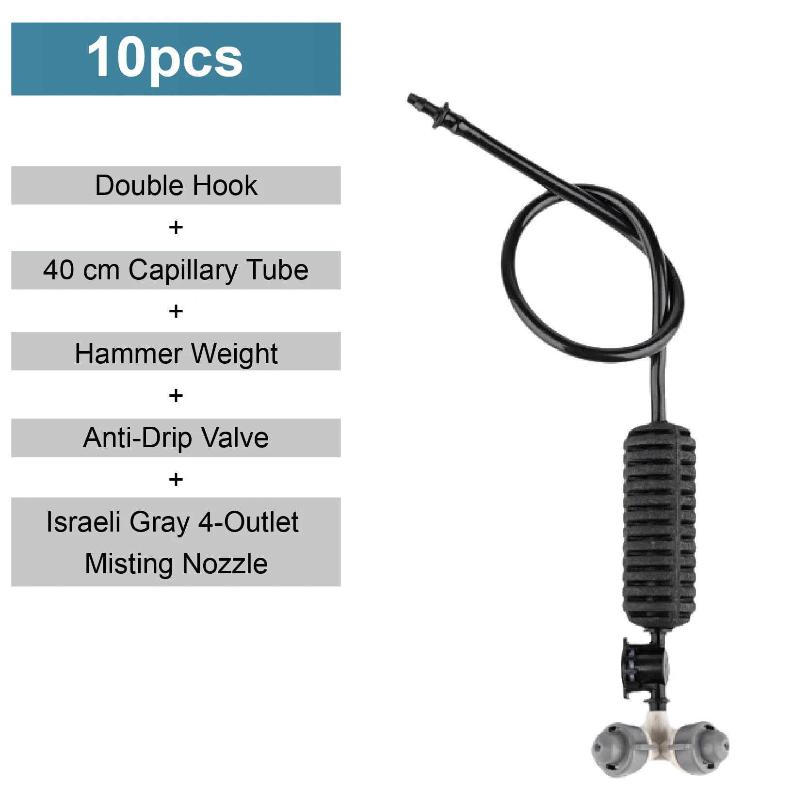 Misting nozzle kit with double hook, black capillary tube, and anti-drip valve