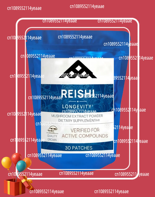 Reishi mushroom extract powder supplement in a blue pouch, an adaptogen for longevity and wellness.