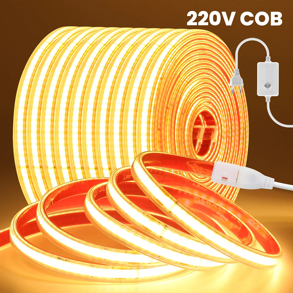 220V 10 Colors Dimmable COB LED Strip Light 240 LEDs Flexible Tape Dimmer EU Power Plug Kit TV Night Lights Home Linear Lighting