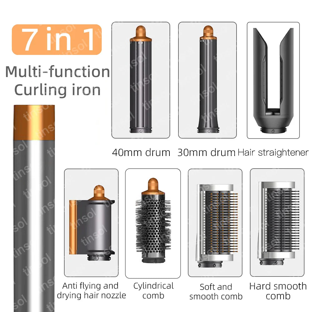 7-in-1 high-speed ionic hair dryer set with gray and gold attachments: curling barrels, brushes, and dryer nozzle.