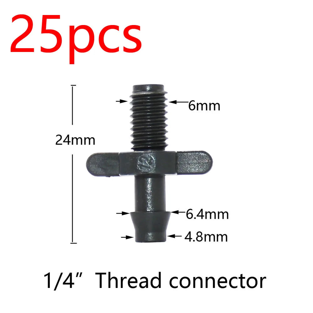 Black 1/4 inch thread connector fitting for drip irrigation with barbed end