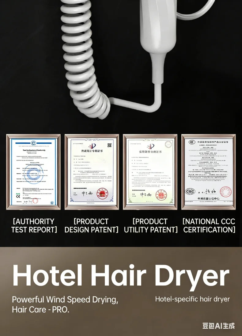 White wall-mounted hotel hair dryer with coiled cord, 1800W power, and verified safety certifications.