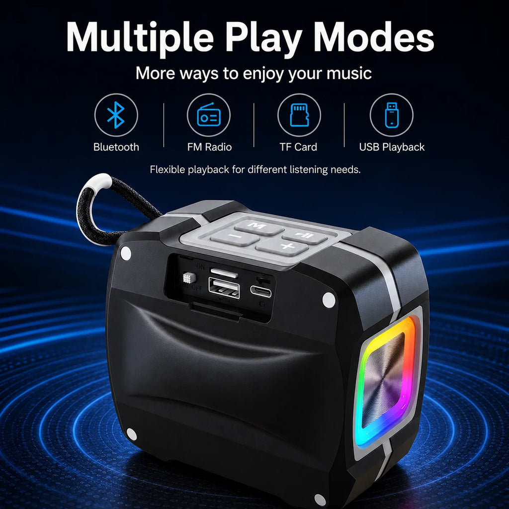 Portable Bluetooth Speaker, Bluetooth 5.3, TWS Pairing, 52mm Driver, 5W Output, 1200mAh Battery, RGB Light, FM Radio, TF Card and USB Playback, IPX6 Water Resistant Design for Outdoor, Camping, Travel and Home Use