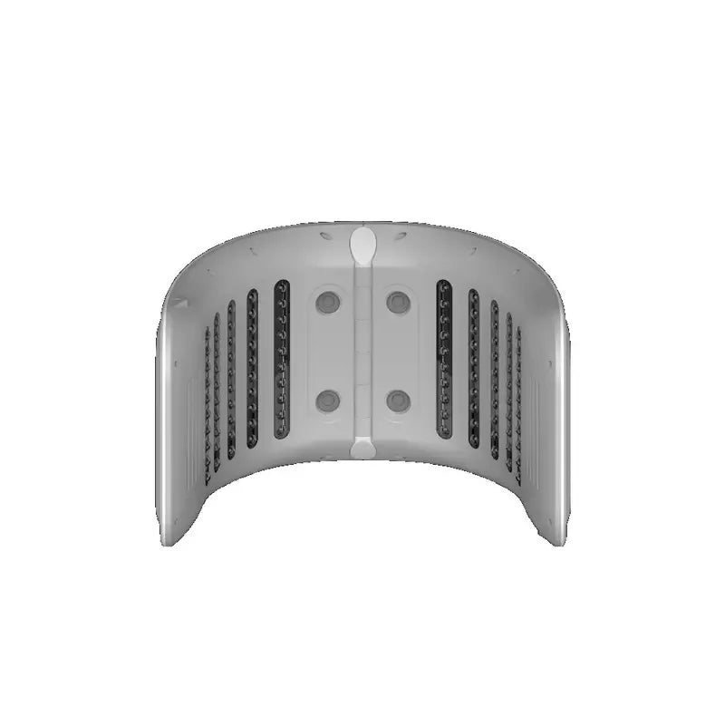 A curved, light-gray LED facial mask device featuring vertical rows of light apertures and four central circular points.