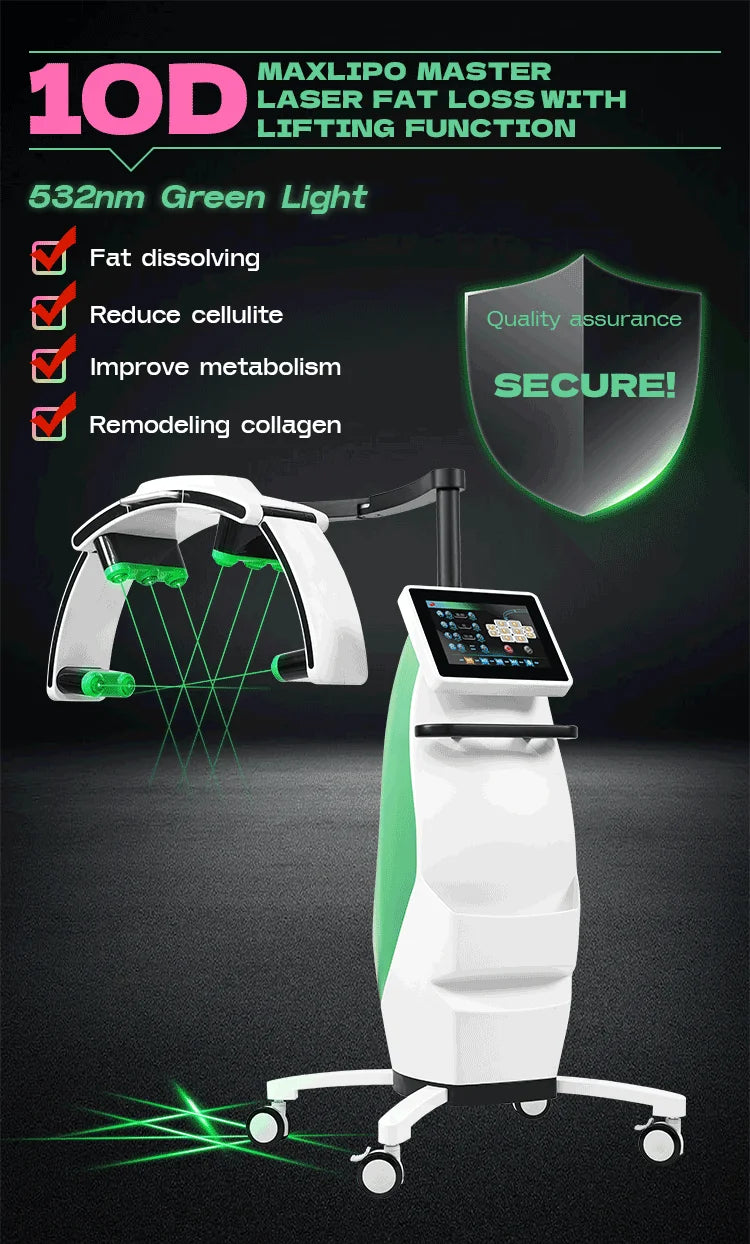 Standing LLLT green light laser fat burning device with touchscreen for weight loss and body contouring.