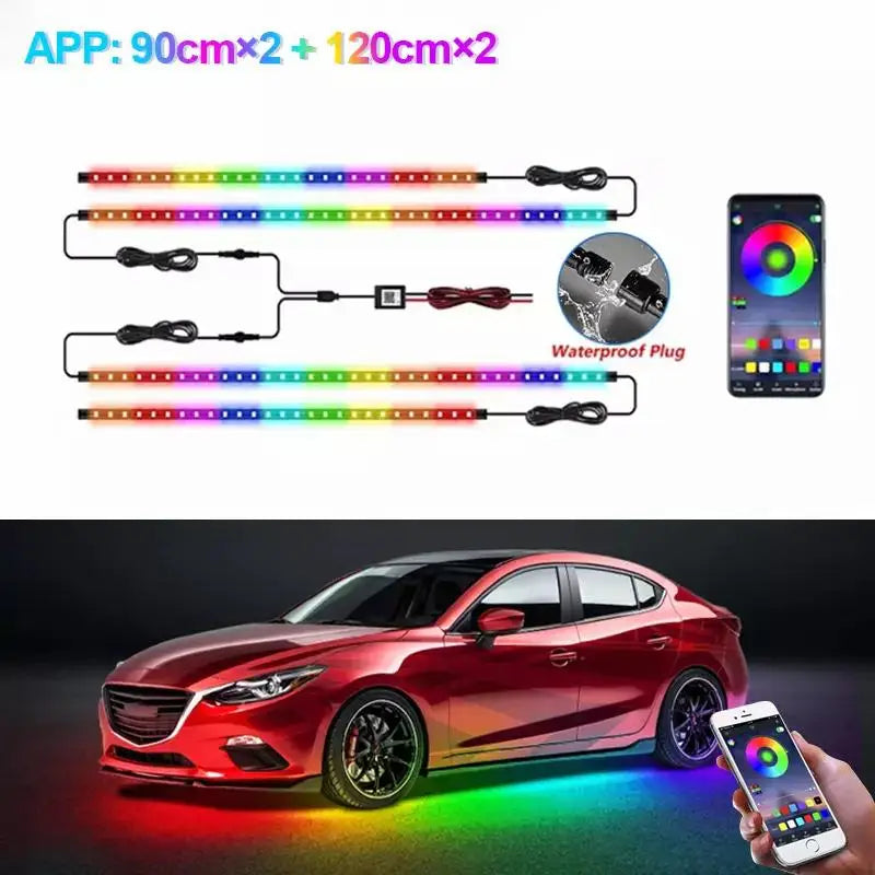 Four multi-color LED car underglow strips with waterproof connectors, controlled by a smartphone app.