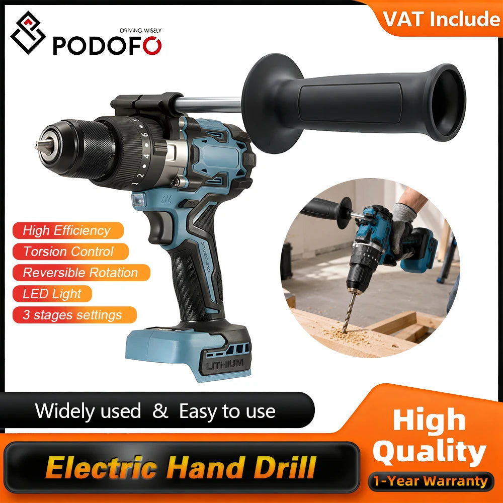 Podofo High Power Brushless 13mm Cordless Hammer Impact Drill Driver Portable Power Drill Heavy Duty Drilling Machine 140N.m Torque 20+3 Clutch 3 Modes Impact Drilling Flat Drilling Screw Driving For Wall Ice Metal Wood Drill