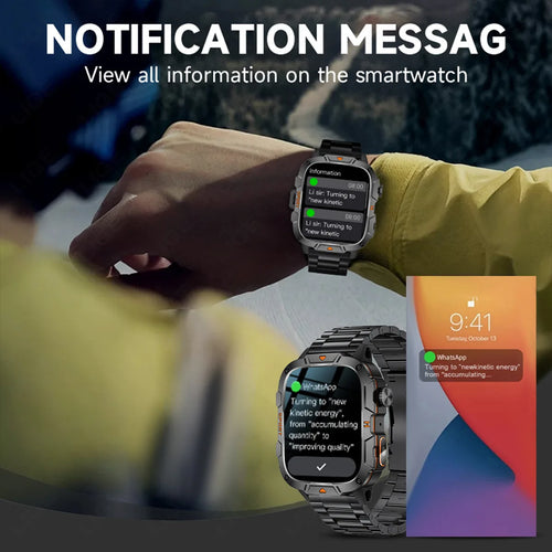 Black smartwatch with metal link strap on wrist, notification-style display on screen.