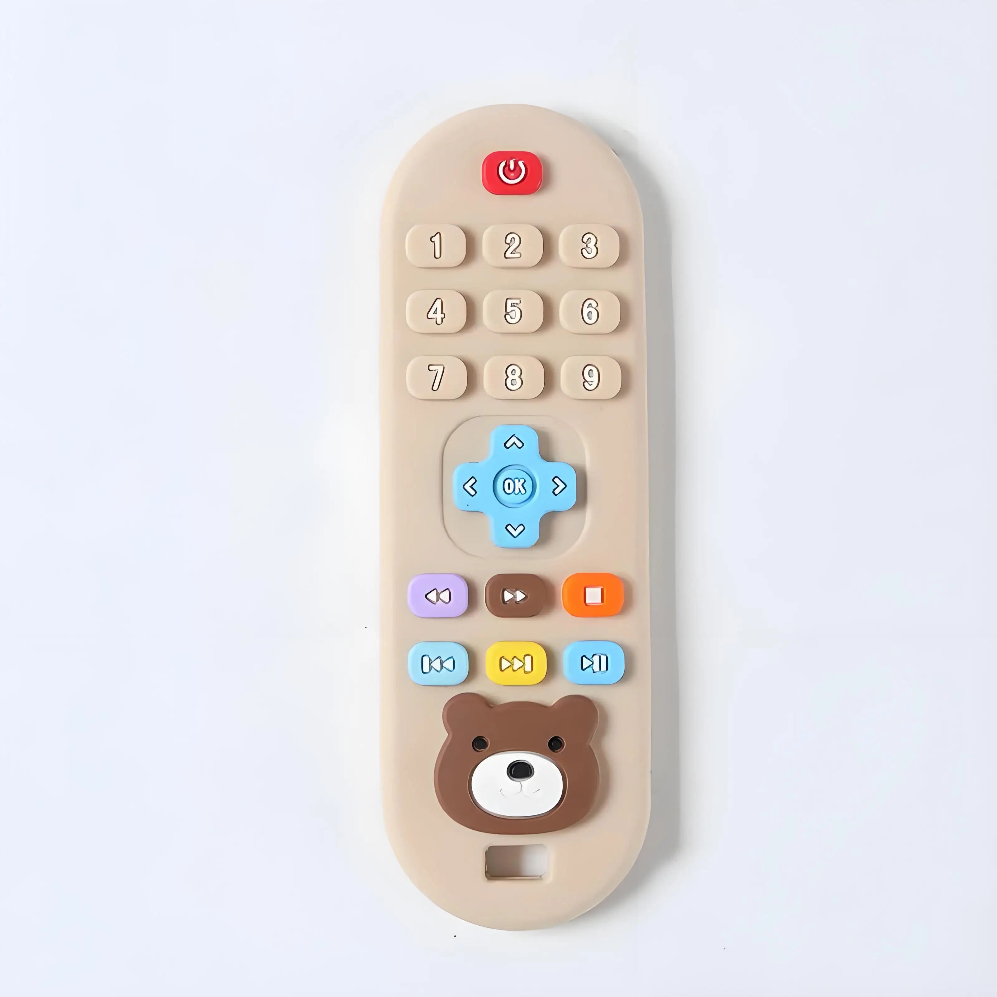 Beige silicone remote teething toy for baby teething relief with colorful bear design.