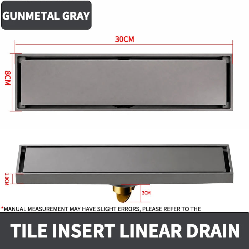 30x8cm Stainless Steel Linear Floor Drain Tile Insert Invisible Shower Waste Grate Anti Odor Hair Strainer Bathroom Wet Room Use