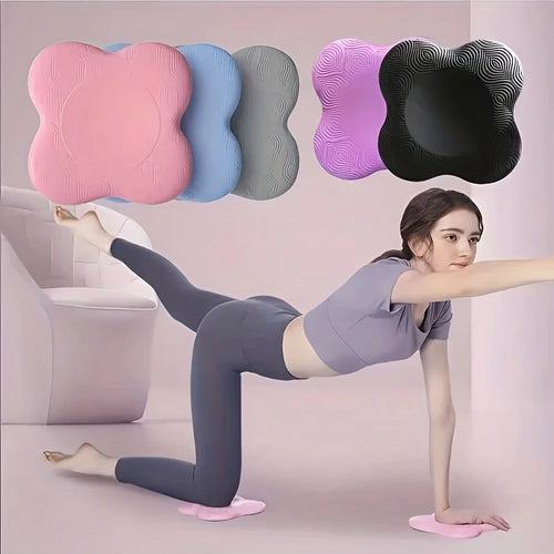 Thick non-slip yoga knee pads for joint support in smart yoga mats collection, showing woman exercising on floor pads.