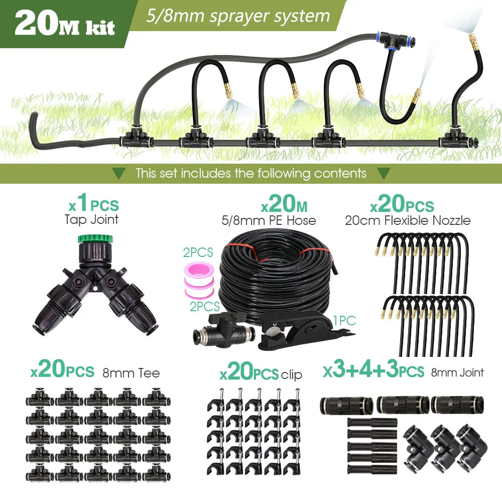 20M irrigation spray kit set with PE hose, tee joints, clips, and flexible nozzles