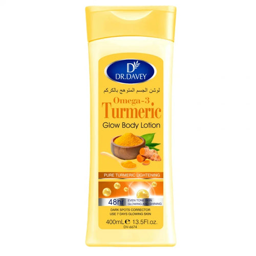 Dr. Davey anti-inflammatory turmeric body lotion in a yellow 400ml bottle for glowing skin.