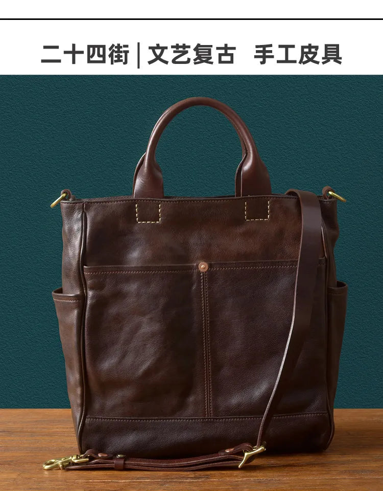 Fashion organizers designers handmade genuine leather men's tote bag outdoor travel luxury vegetable tanned cowhide handbags
