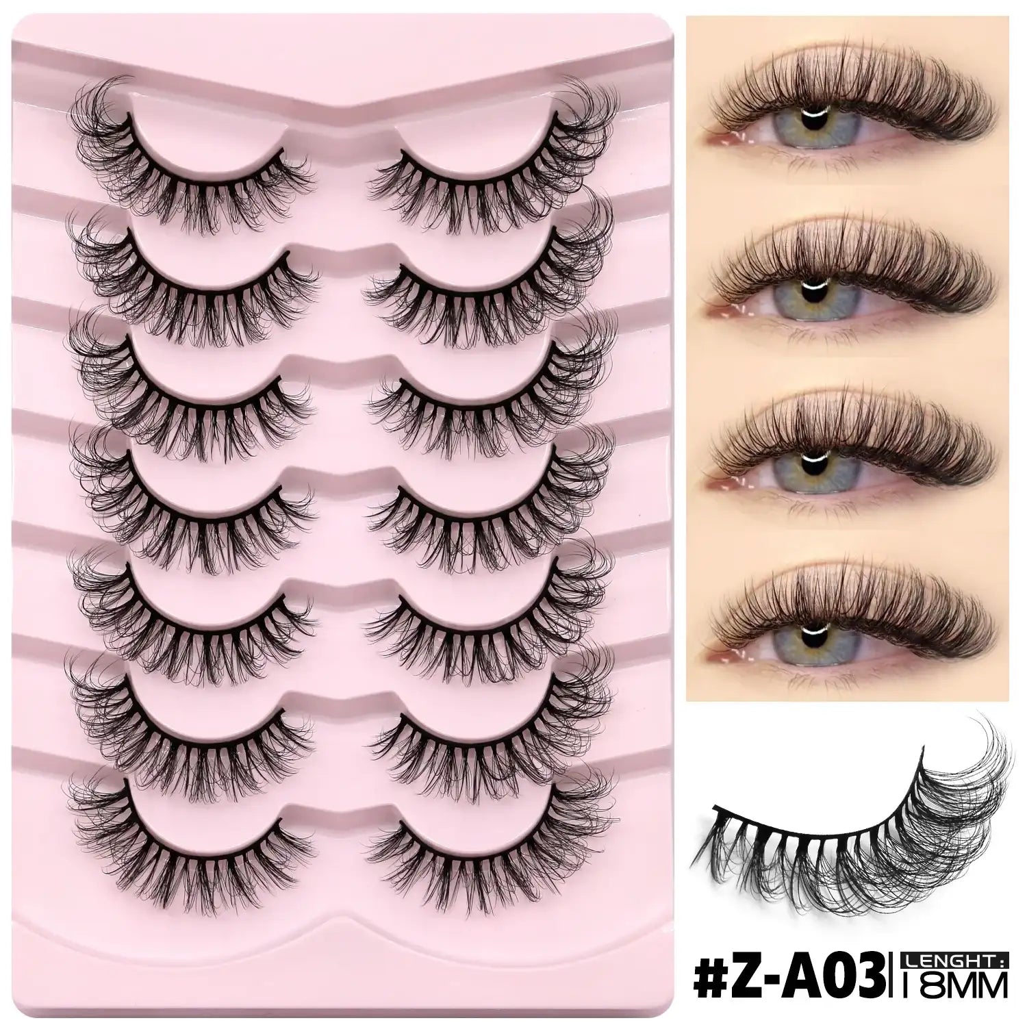 Pack of 7 pairs of black, fluffy 3D mink cat-eye false lashes with wispy volume, displayed on a pink tray.