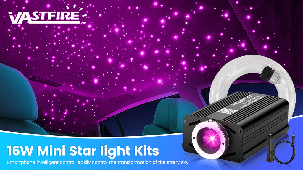 Car Home Use APP Control Fiber Optic Light Kit, 16W RGBW Music Mode Star Ceiling Sky Light with 500/1000 Strands 6.5ft/ 2m Optical Fiber Cable, and More Than 10 Million Colors