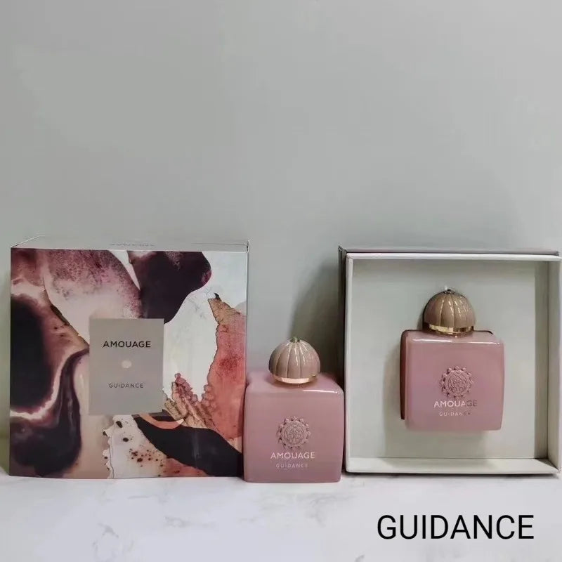 Amouage Guidance 46 Women's EDP: elegant pink square bottle, unique feminine fragrance in luxury presentation gift box.