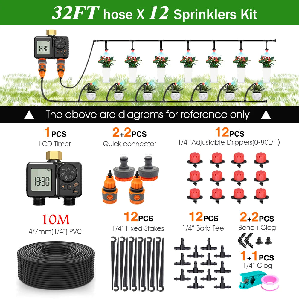 Watering sprinkler kit diagram with dual-zone LCD timer, 32FT hose, and 12 micro sprayers