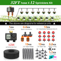 Watering sprinkler kit diagram with dual-zone LCD timer, 32FT hose, and 12 micro sprayers