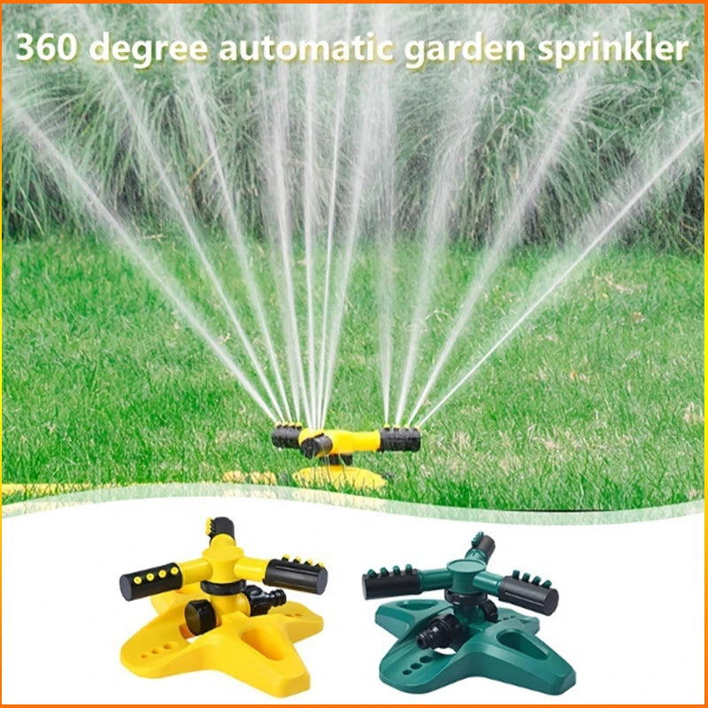 Yellow 360-degree automatic garden sprinkler spraying fine water jets over grass