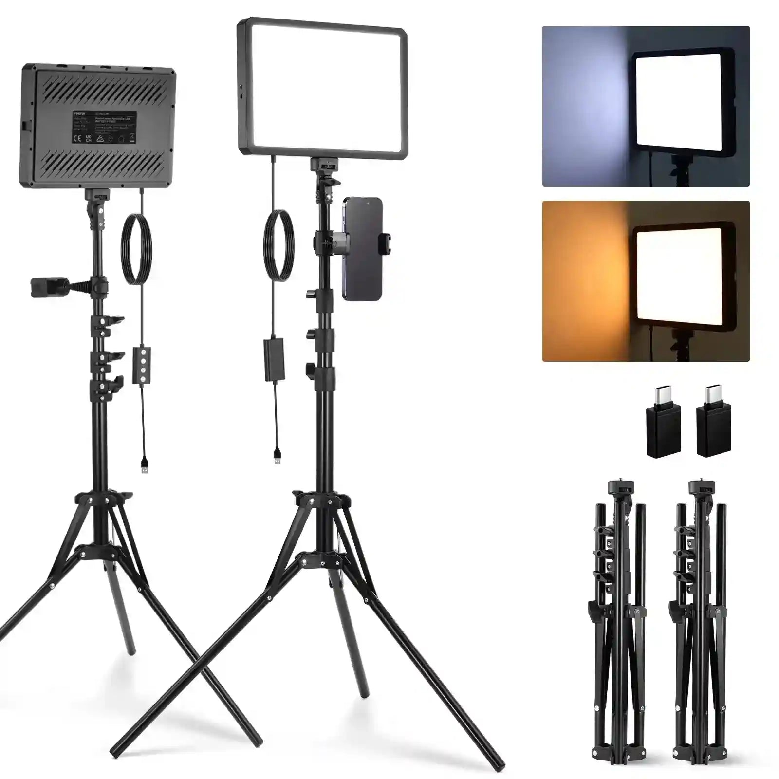 LED video light panel with adjustable tripod stand, phone holder, and color temperature controls for photography.