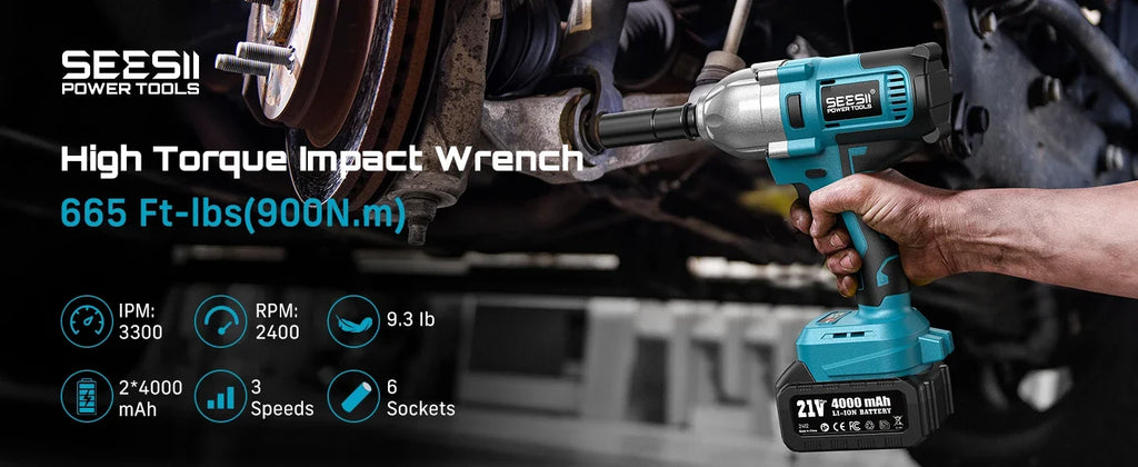 SeeSii 900Nm 1000Nm 1300Nm Cordless Impact Wrench Brushless Electric Impact Gun Kit Battery Powered Tool For Car Tire Repair with 2*4.0Ah Batteries Case LED Light For Makita