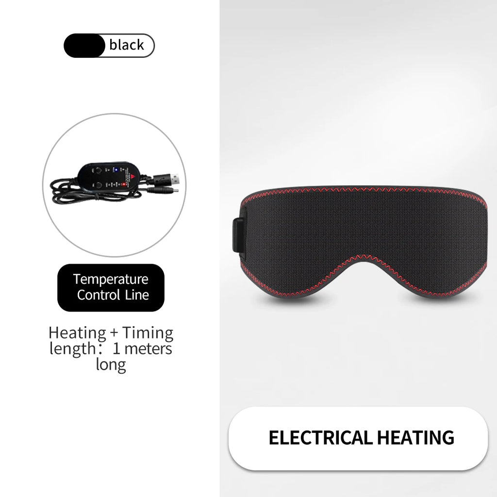 Black electric heated eye mask with red stitching, shown with its temperature control cord and 1-meter cable.