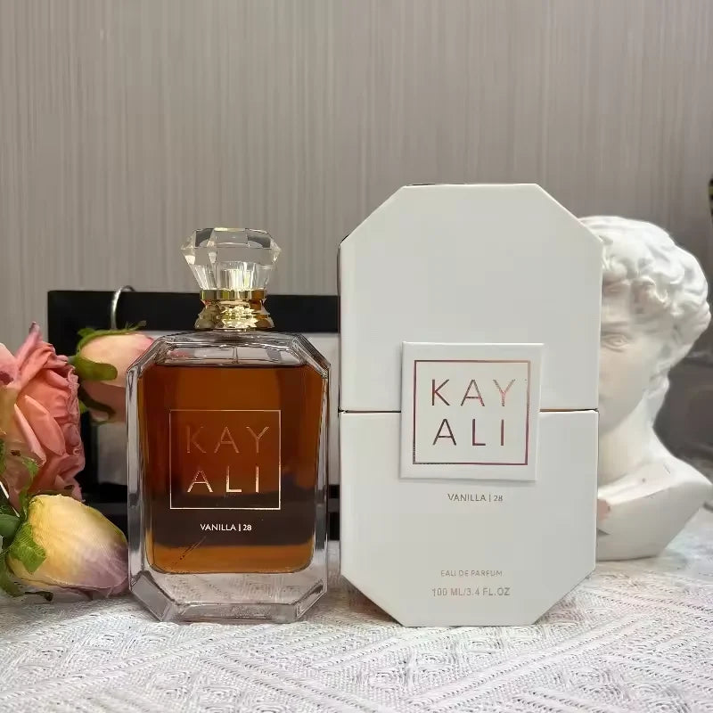 Kayali Vanilla 28 EDP 100ml: luxury oriental floral woody perfume, rectangular glass bottle with crystal cap.