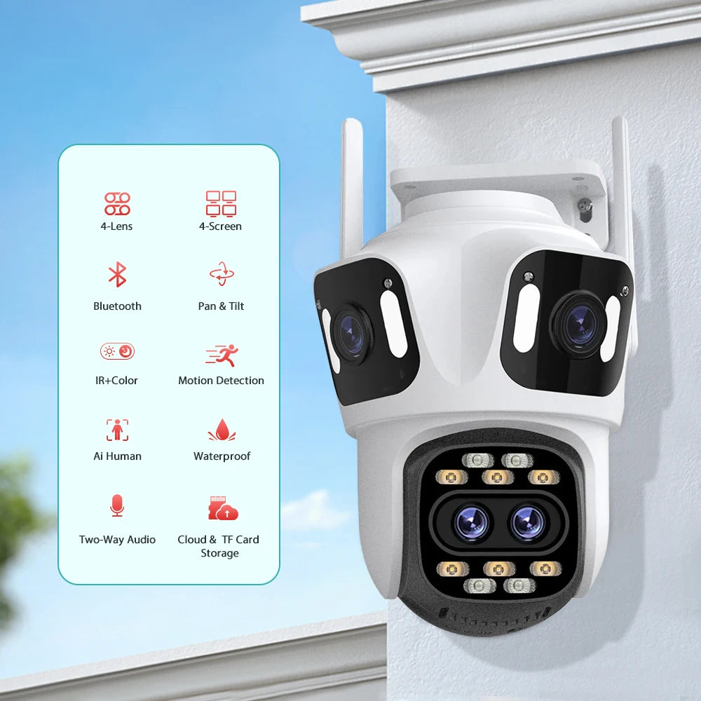 Wifi Camera Outdoor PTZ 4 Lens 4 Screen 8X Hybrid Zoom AI Auto Tracking Linkage Video Bluetooth Security Camera IP iCSee APP