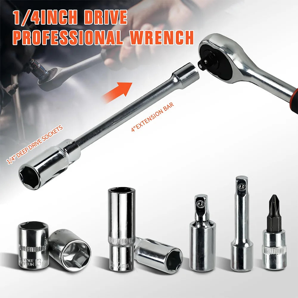 Podofo 53Pcs Ratchet Wrench Tool Set with Sockets 1/4 inch Drive Bit Socket Set Grade Chrome Vanadium Mechanics Tool Auto Repair