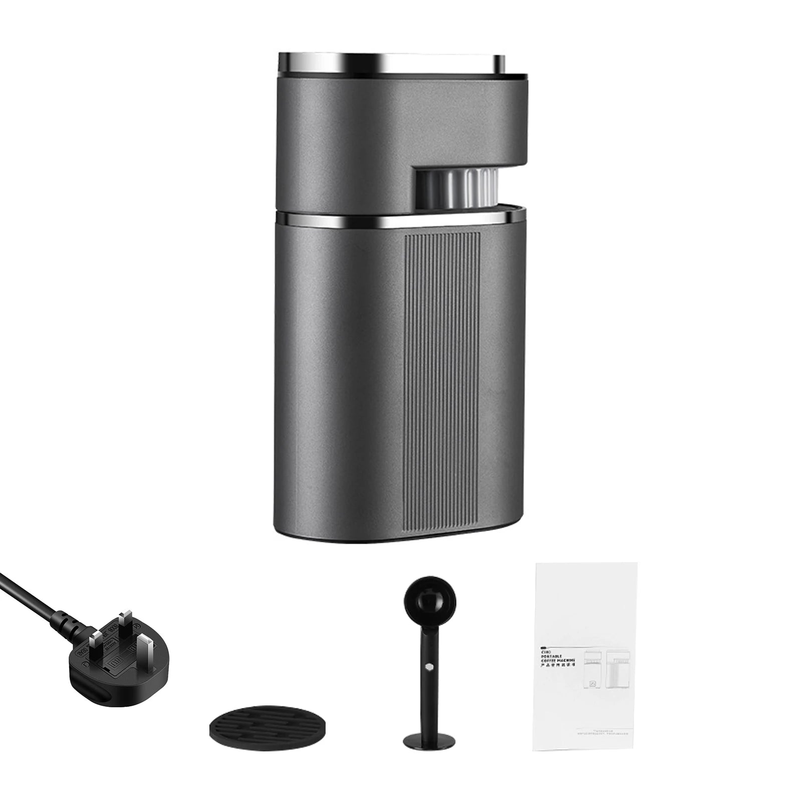 Cino portable electric coffee maker in grey metal with UK power plug, measuring scoop, and user manual.