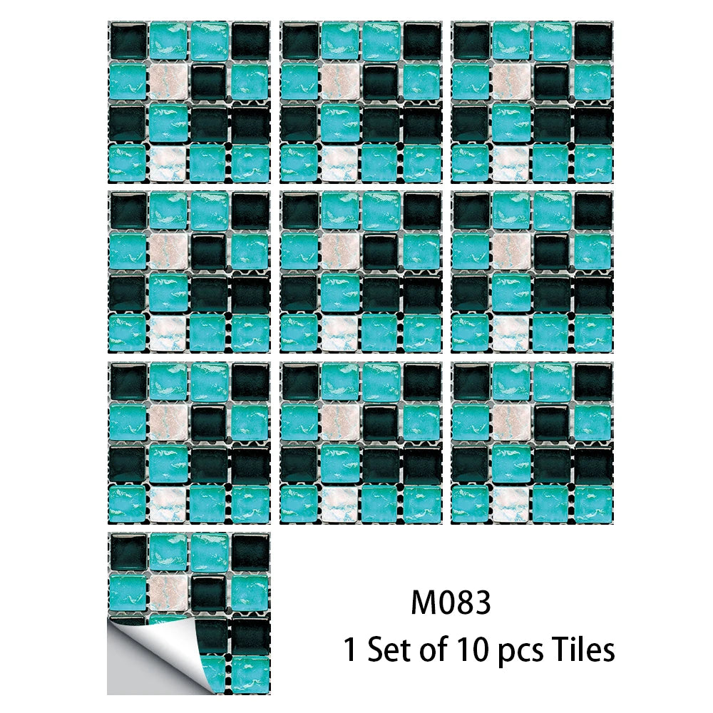 10pcs Flat Mosaic Style Tiles Sticker Kitchen Bathroom Waterproof & Oilproof Art Wall Sticker Peel & Stick Surface Glossy Film