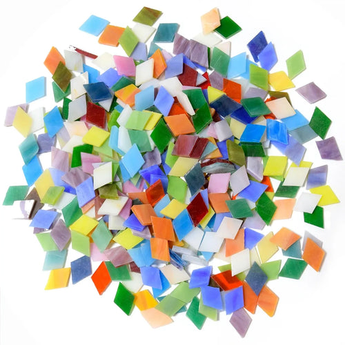 Mixed-color diamond glass mosaic tile fragments, scattered heap of small square pieces