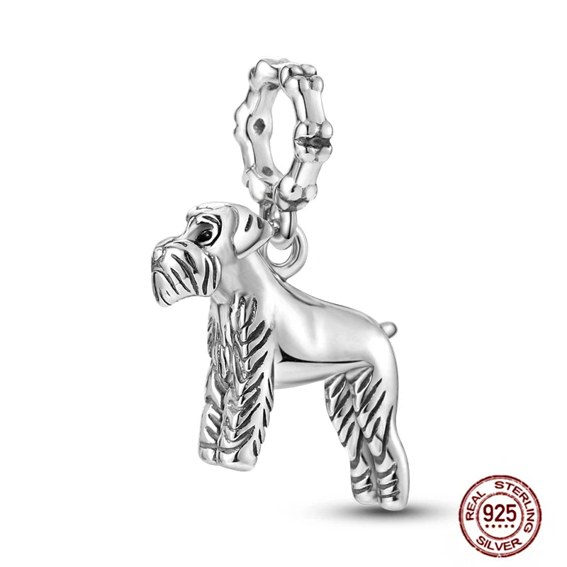 Cute Schnauzer dog charm in real 925 sterling silver, perfect for DIY charm bracelets and pet lover jewelry gifts.